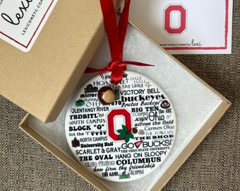 OHIO STATE/porcelain ornament/unique Buckeye gift/2 sides/licensed/can Personalize/Grad gift/OSU/handmade in Ohio/Buckeye charm