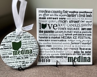 MEDINA, ohio, choose 3" round ornament OR 4" square art tile, can be personalized! get the set for free shipping!