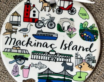 MACKINAC ISLAND, Michigan, 3” porcelain ornament, two sided, can be personalized, glossy finish!