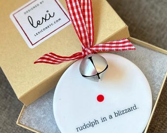 RUDOLPH in a Blizzard!  Can personalize, porcelain, boxed for gift giving