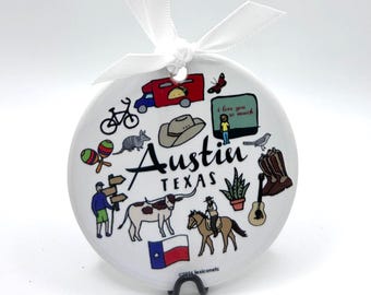 AUSTIN, Texas , 3” porcelain ornament, two sided, can be personalized, glossy finish!