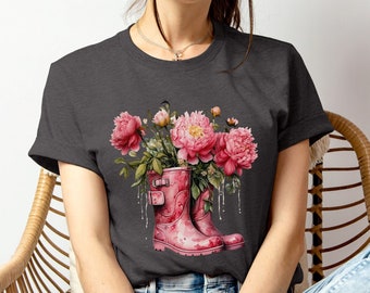 Pink Peonies Cotton Shirt | Womens Floral Tee | Nature Lover Tshirt | Botanical T-Shirt | Peonies in Boots Shirt