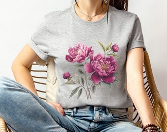 Pink Peony Flower Tee | Peony Woman Tshirt | Cotton Floral Print Shirt | Flower T-Shirt | Spring Botanical Work Shirt