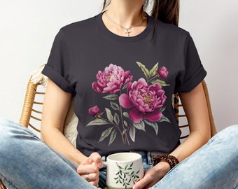 Pink Peony Tshirt | Cotton Floral Print Tee | Peony Shirt Woman | Pink Peony Clothing | Peony Print on Shirt