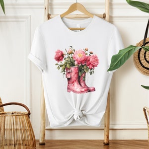 Pink Peonies Cotton Shirt Womens Floral Tee Nature Lover Tshirt Botanical T-Shirt Peonies in Boots Shirt White