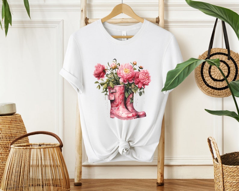 Pink Peonies Cotton Shirt Womens Floral Tee Nature Lover Tshirt Botanical T-Shirt Peonies in Boots Shirt White