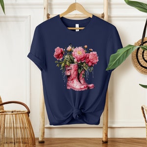 Rosa Pfingstrosen Baumwolle Shirt Damen T-Shirt Natur-Liebhaber-T-Shirt Botanisches T-Shirt Pfingstrosen im Stiefel Shirt Navy