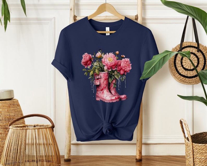 Pink Peonies Cotton Shirt Womens Floral Tee Nature Lover Tshirt Botanical T-Shirt Peonies in Boots Shirt Navy