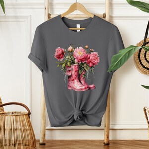 Pink Peonies Cotton Shirt Womens Floral Tee Nature Lover Tshirt Botanical T-Shirt Peonies in Boots Shirt Asphalt