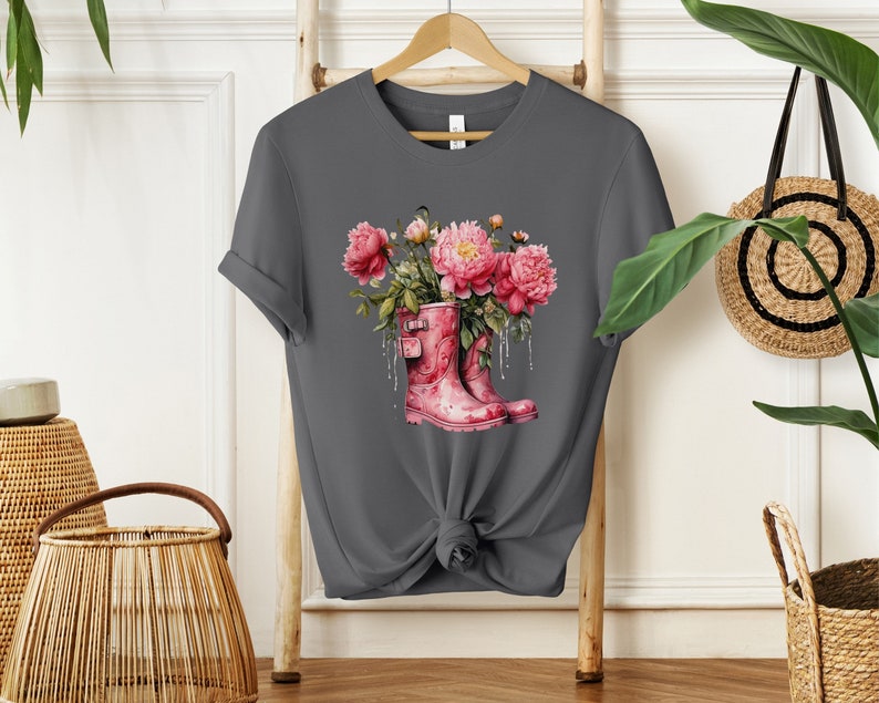 Pink Peonies Cotton Shirt Womens Floral Tee Nature Lover Tshirt Botanical T-Shirt Peonies in Boots Shirt Asphalt