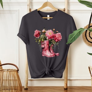 Pink Peonies Cotton Shirt Womens Floral Tee Nature Lover Tshirt Botanical T-Shirt Peonies in Boots Shirt Dark Grey