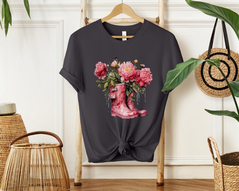 Pink Peonies Cotton Shirt Womens Floral Tee Nature Lover Tshirt Botanical T-Shirt Peonies in Boots Shirt Dark Grey