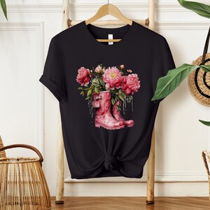 Pink Peonies Cotton Shirt Womens Floral Tee Nature Lover Tshirt Botanical T-Shirt Peonies in Boots Shirt Black