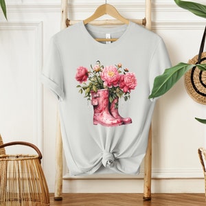 Pink Peonies Cotton Shirt Womens Floral Tee Nature Lover Tshirt Botanical T-Shirt Peonies in Boots Shirt Silver