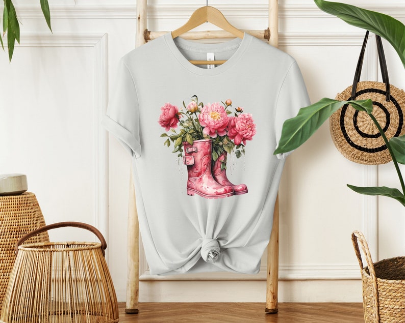 Pink Peonies Cotton Shirt Womens Floral Tee Nature Lover Tshirt Botanical T-Shirt Peonies in Boots Shirt Silver
