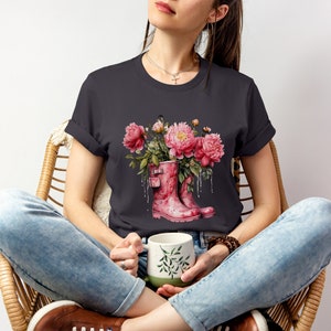 Pink Peonies Cotton Shirt Womens Floral Tee Nature Lover Tshirt Botanical T-Shirt Peonies in Boots Shirt zdjęcie 8