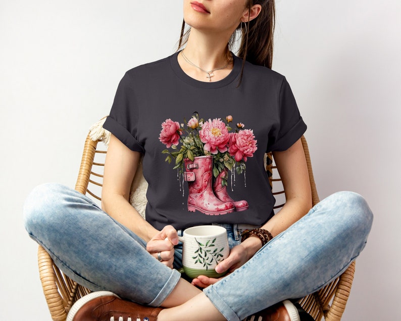 Pink Peonies Cotton Shirt Womens Floral Tee Nature Lover Tshirt Botanical T-Shirt Peonies in Boots Shirt zdjęcie 8