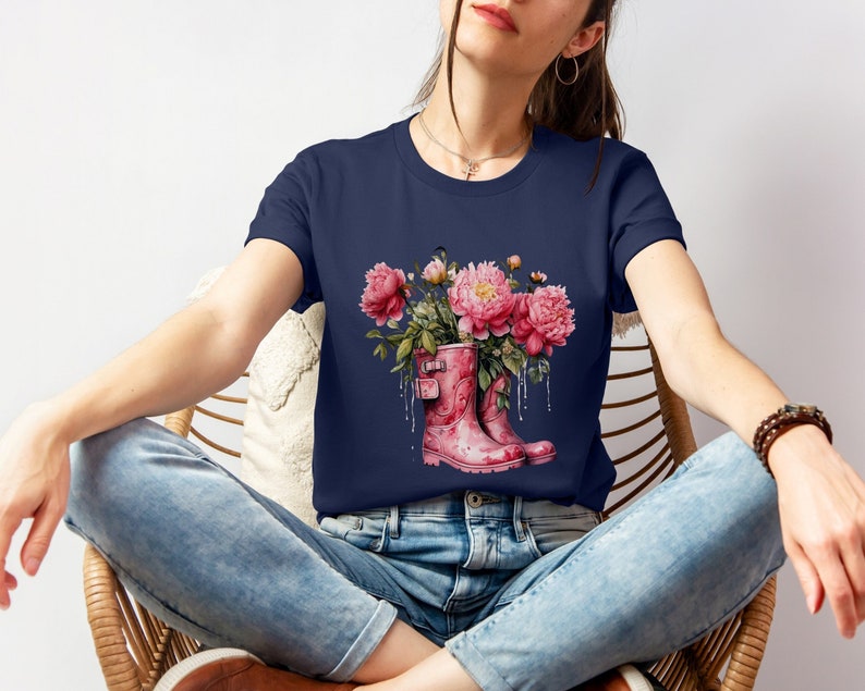 Pink Peonies Cotton Shirt Womens Floral Tee Nature Lover Tshirt Botanical T-Shirt Peonies in Boots Shirt image 1