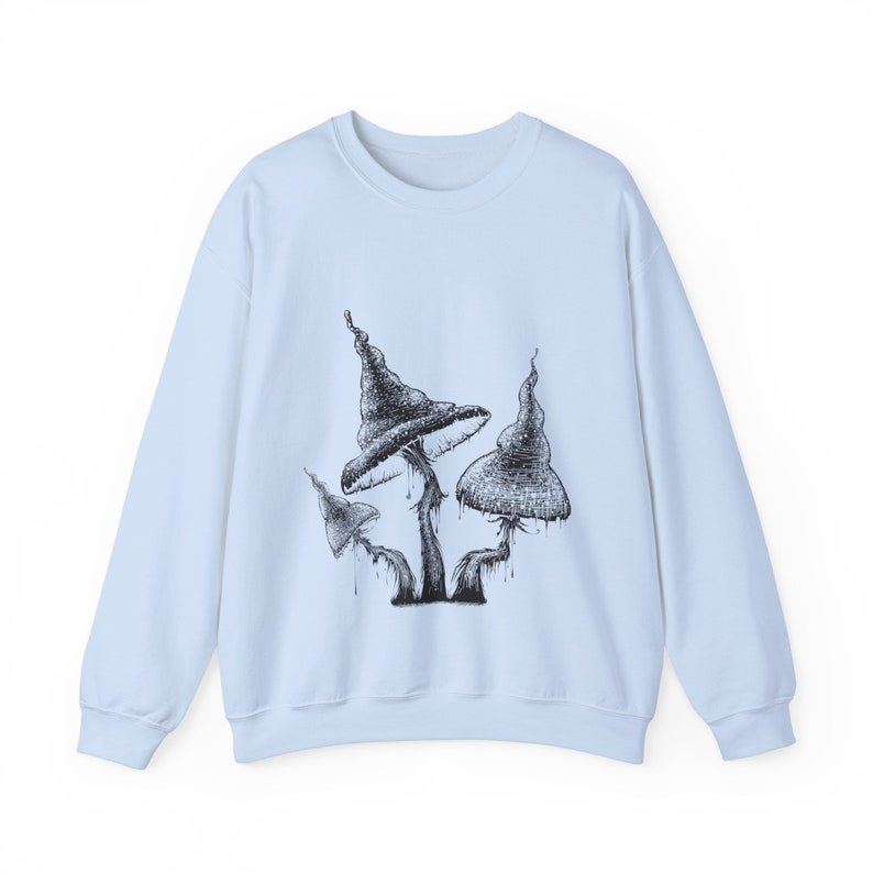 Witchcraft Mushroom Sweatshirt Cozy Nature Lover Pullover Mystical Mushroom Sweatshirt Woodland Wanderer Slipover Light Blue