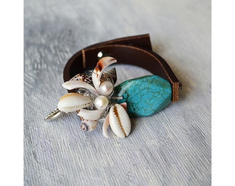 Dark Brown Leather Bracelet with Turquoise Stone & Sea Shells, Hautecouture Jewellery, Unique Design