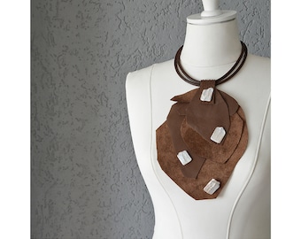 Leather Necklace with Baroque Pearls, Unique Leather Design for Woman, Statement Necklace, Brown Leather