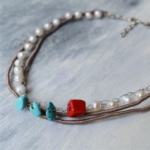Pearl & Turquoise Necklace with Handmade Red Glass Bead, Wired Design Necklace, Gifts for Her