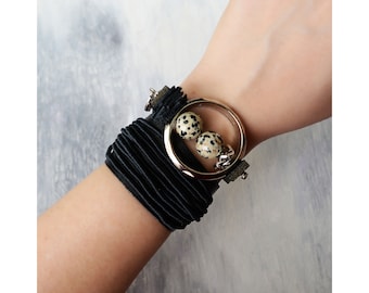 Black Leather Bracelet with Jasper Stones, Unique Design Jewellery For Woman