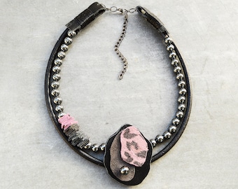 Leather Necklace with Hematite Stones, Black Leather Necklace, Animal Printed Leather, Black Statement Necklace, Pink Black Necklace