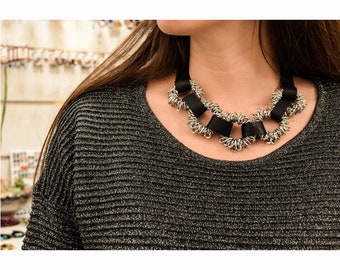 Black Leather Statement Necklace