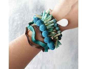 Multi-Strand Leather and Gemstone Bracelet, Armparty, Agate, Coral, Amazonite and Lava Stones, Handmade Cuff, Unique Design