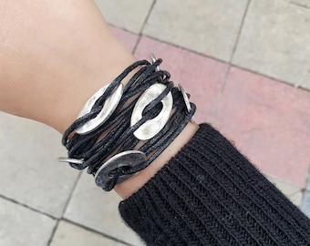 Black Rope and Leather Cuff, Black Leather Bracelet