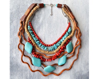 Leather Necklace with Turquoise and Coral Stones