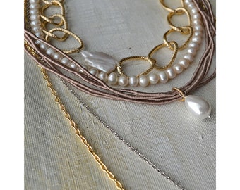 Multi-Strand Necklace with Cultured, Mayorca and Baroque Pearls, Gold Plated Chain Necklace