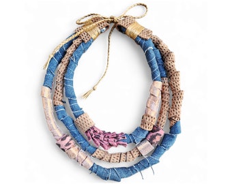 Multi Strand Leather Necklace, Fiber Necklace, Leather and Denim Statement Necklace