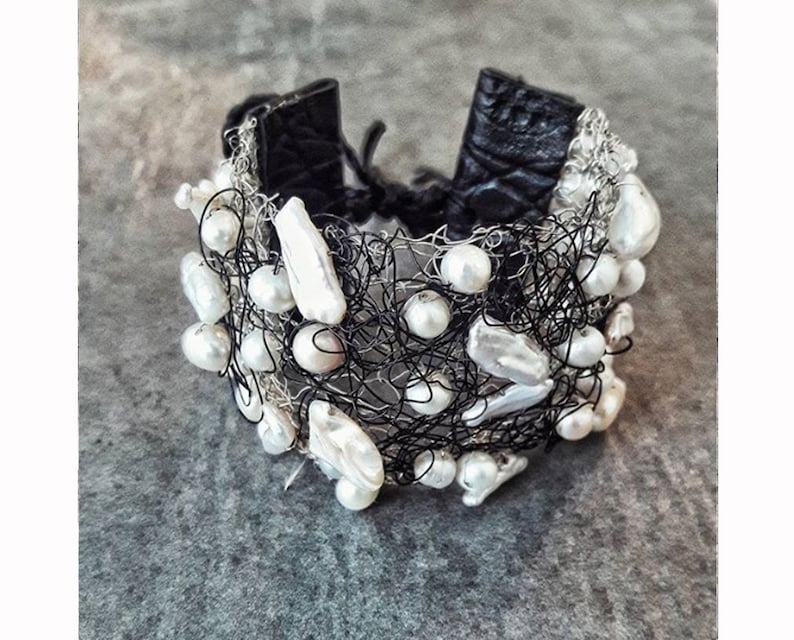 Wire Mesh Cuff Bracelet with Cultured Pearls