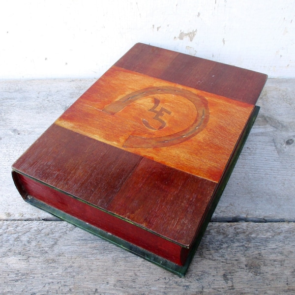 Secret Hollow Book Box, 45 Birthday Gift, Wooden Book Shaped Storage Case, Horseshoe Decor, Vintage Birthday, Book Nook Gift