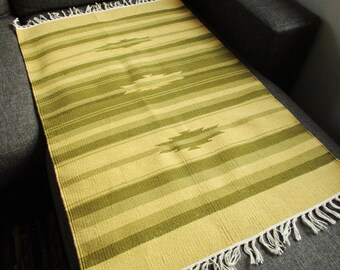 Olive Green Rug, Vintage Navajo Cotton Carpet, Handwoven 2x3ft Wall Hanging Tapestry, Blanket Rug, Scandinavian Home Decor