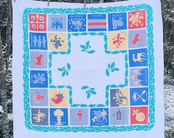 Vintage Swedish Tablecloth with County Names & Coat of Arms, White Blue 1970s Retro Scandinavian Linen, Sverige