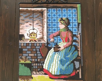 壁掛け　タペストリー　ニードルポイント　刺繍　田園風景　60s　70s　フランス ヴィンテージの手刺繍タペストリー、農場のガチョウの風車