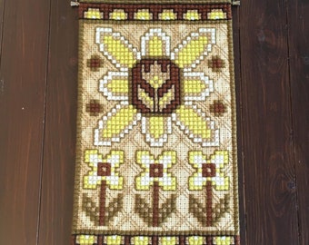 Needlepoint Wall Hanging, Vintage Scandinavian Yellow Flower Cross Stitch Tapestry, Brass Chain Hanger