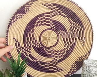 Large African Basket, 12" Hand Woven Natural Raffia Sombrero Wall Hanging, Vintage Purple Beige Wall Decor