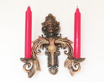 Applique murale bougie, bougeoir en bronze coulé antique, visage de tête de dieu, bougeoir orné, métal repoussé vintage, décor soviétique des années 1970 9 po