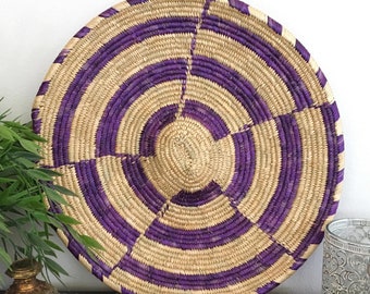 Wall Decor Basket, Large 11.5" Vintage Hand Woven African Style Purple Natural Raffia Wall Hanging
