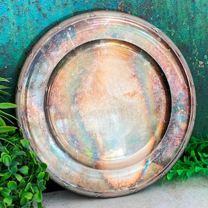 Silver Plated Tray, Round Drink Food Serving Tray, Melchior Platter, Vintage Patina Silverware, Tarnished Antique Wall Decor Tray