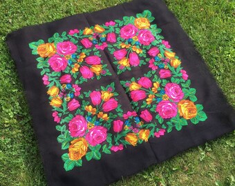 Black Shawl w Roses, Russian Soviet Wool Wrap Shawl, Floral Babushka Wrap, Folk Boho Gift, Vintage Soft Head Scarf, Pink Yellow 34x34"