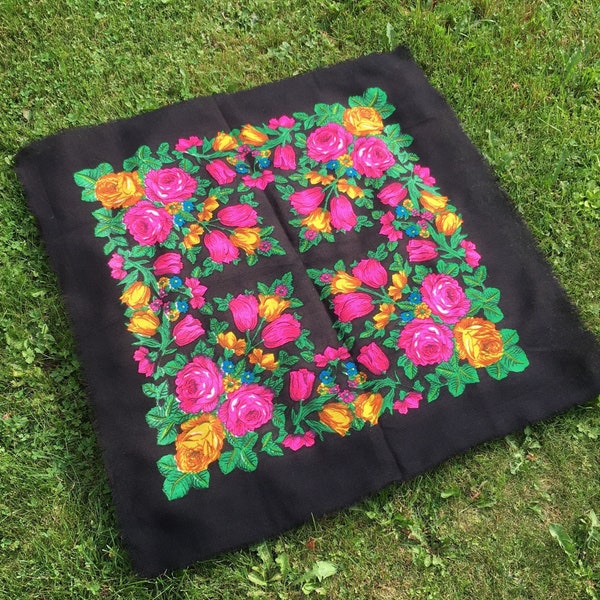 Black Shawl w Roses, Russian Soviet Wool Wrap Shawl, Floral Babushka Wrap, Folk Boho Gift, Vintage Soft Head Scarf, Pink Yellow 34x34"