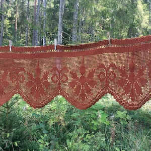 Lace Valance, Brown Cafe Curtain, Handmade Wide Crochet Filet Lace Pelmet, Vintage Scalloped Lace, Country Farmhouse Kitchen 2.3yards 218cm