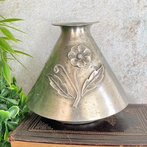 Vintage Norwegian Pewter Vase, Oval 1950s Scandinavian Bridge Club