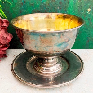 Pedestal Bowl, Silver Plated Compote, Vintage Gold Bon Bon Dish, Heavy Footed Serving Dish, Centerpiece, Silver Patina Party Tableware