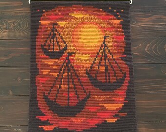 Vintage Needlepoint Tapestry, Sailing Ships at Sunset, Scandinavian Embroidery, Retro Mid Century Modern Wall Hanging, Metal Hardware